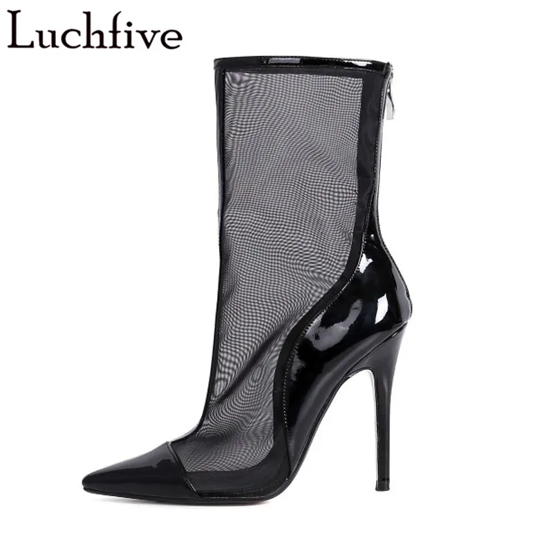 

Air mesh ankle boots for women women 11.5 cm super high heels black beige sandals runway stlye 2018 Summer shoes pumps