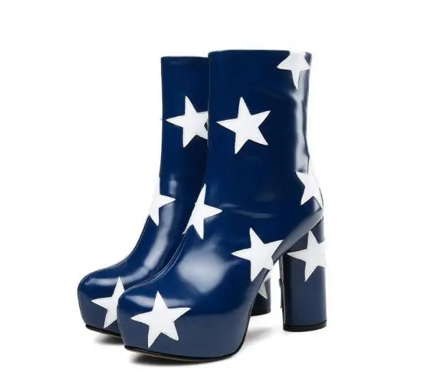 

rome style women shoes platform high heels ankle boots star decor mixed colors punk gladiator shoes blue black botines mujer