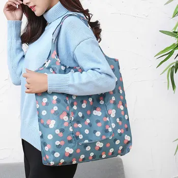 

New Fashion Printing Foldable Green Shopping Bag Tote Folding Pouch Handbags Convenient Large-capacity Storage Bags