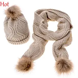 Вязаная Зимняя Шапки шарф Для женщин шапки и шарфа комплекты из двух предметов Новая мода искусственного меха Лыжная шляпа touca Gorros капот