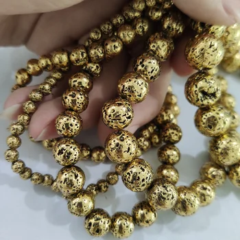 

BTFBES Antique Gold Lava Beads Natural Stone 4 6 8 10 12mm round Volcanic Rock Space Loose bead for Jewelry Bracelet making DIY