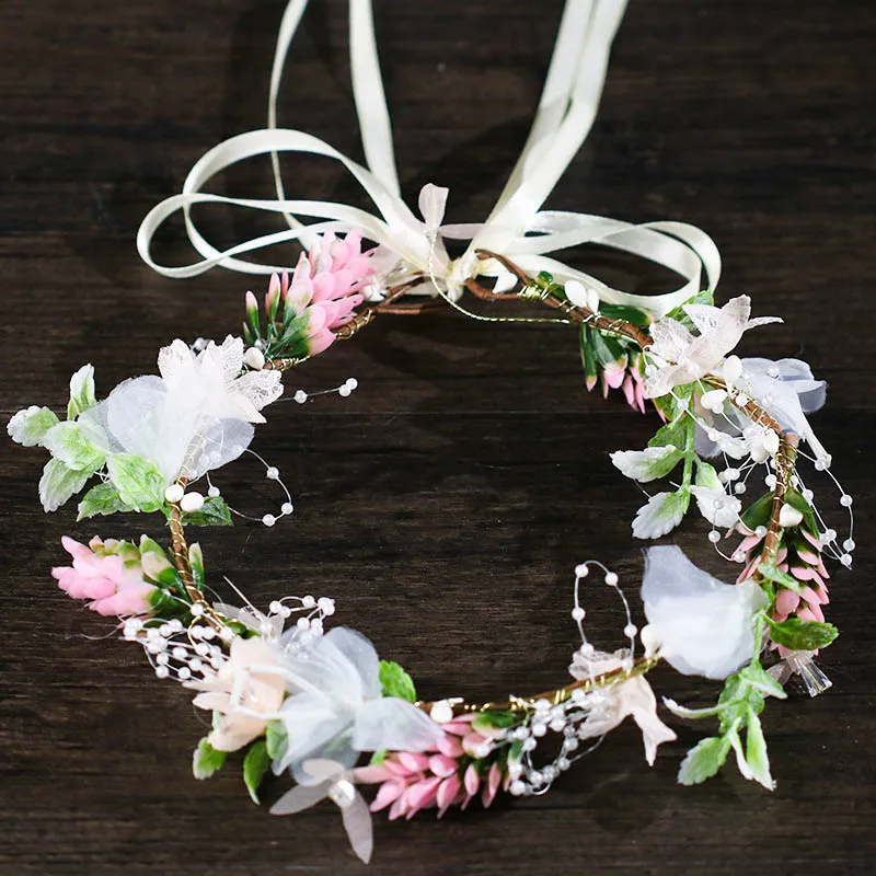 

Ladies Flower Crown Hair Band Bride Wedding Party Floral Headband Garland Girl Lovely Elastic Wreath Ribbon Bow Hair Accessories