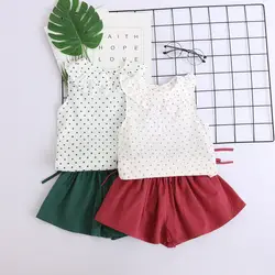 Детский летний комплект хлопковой одежды для девочек для маленьких девочек изысканные наряды блуза в горошек топы и шорты фирменная