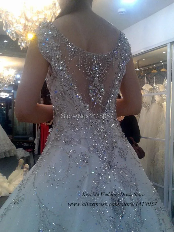 Real Sample Luxury Wedding Dress 2015 Rhinestones Crystals Lace Bridal Gowns Princess Royal Train Custom Vestido de Casamento