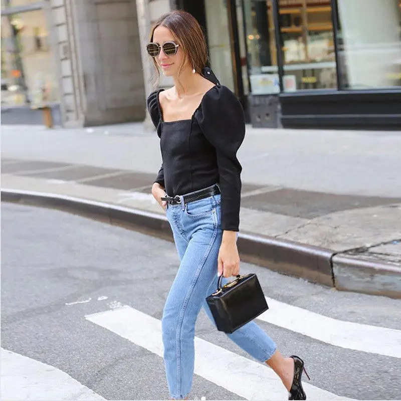 

hirigin Vintage Women Square Neck Long Puff Sleeve Slim Pullovers Ladies Party Evening Show Crop Tops