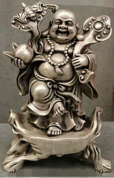 

Bronze home decoration Folk Culture Brass 12" Chinese Silver Buddhism Lucky RuYi Peach Bat Happy Laugh Maitreya Statue