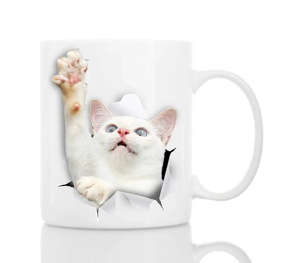 Gato branco caneca de café cerâmica engraçado