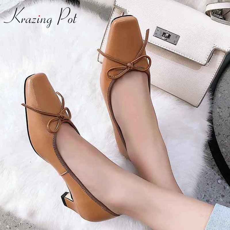 

Krazing Pot new vintage genuine leather square toe med heel bowtie decoration wedding vacation beauty big size summer pumps L3f1