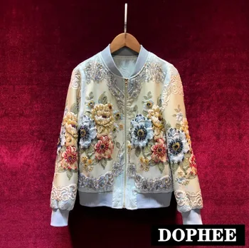 

Short Jackets Women High Quality Retro Royal Jacquard Baseball Uniform Coat Heavy Bead Jacket High-end Jackets Female Outwear