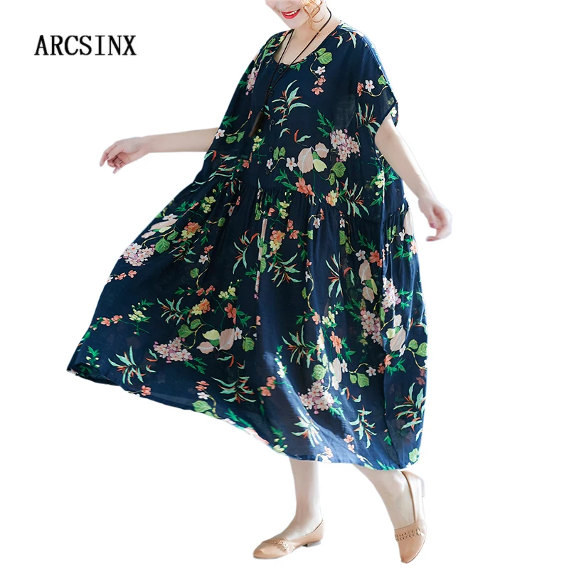

ARCSINX Boho Dress Women Plus Size 10XL 9XL 8XL 7XL 6XL 5XL 4XL Cotton Short Sleeve Floral Summer Dress Casual Dresses For Women