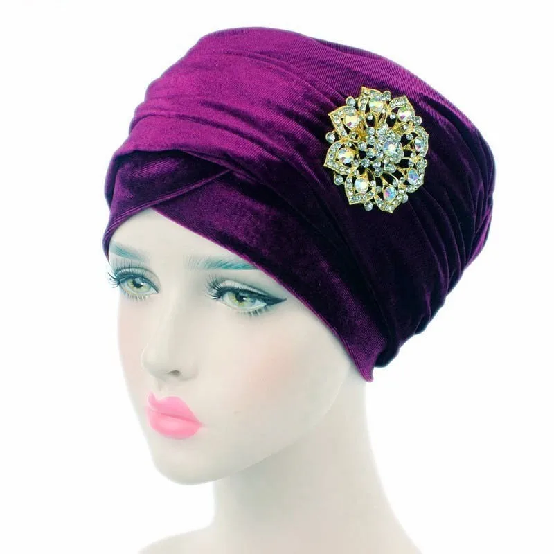 Роскошный плиссированный бархатный тюрбан велюровый хиджаб головной убор очень длинный тубус индийский головной убор шарф галстук с ювелирной брошью - Цвет: Purple