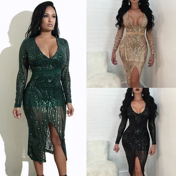 

V Neck Sequin Women Full Sleeve Split Women Short Bodycon Women Dress