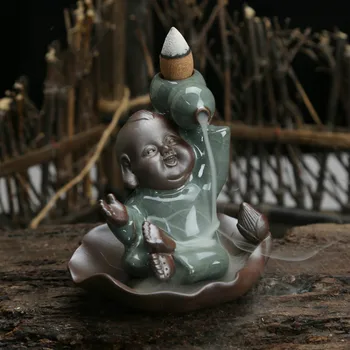 

High Quality GEYAO Kiln Backflow Incense Burner Young Monk Lotus Leaf boy creative ceremony Tea pet ornaments