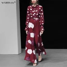 Chiffon Printed Sashes Shirt +Wide Leg Long Pants Suit