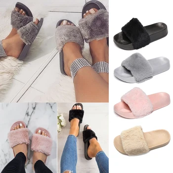 

Wisefin Winter Women Home Slippers with Faux Fur Warm Shoes Woman Slip on Flat Female Slides Black Pink Beige Gray Size37-41 D20