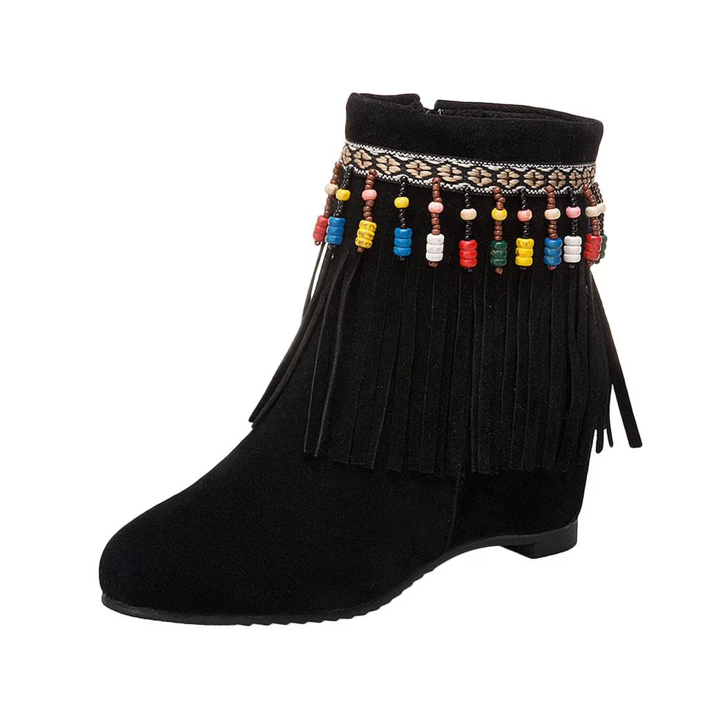 YOUYEDIAN Women's Beaded Tassel Ankle Boots Wild Shoes Boots Side