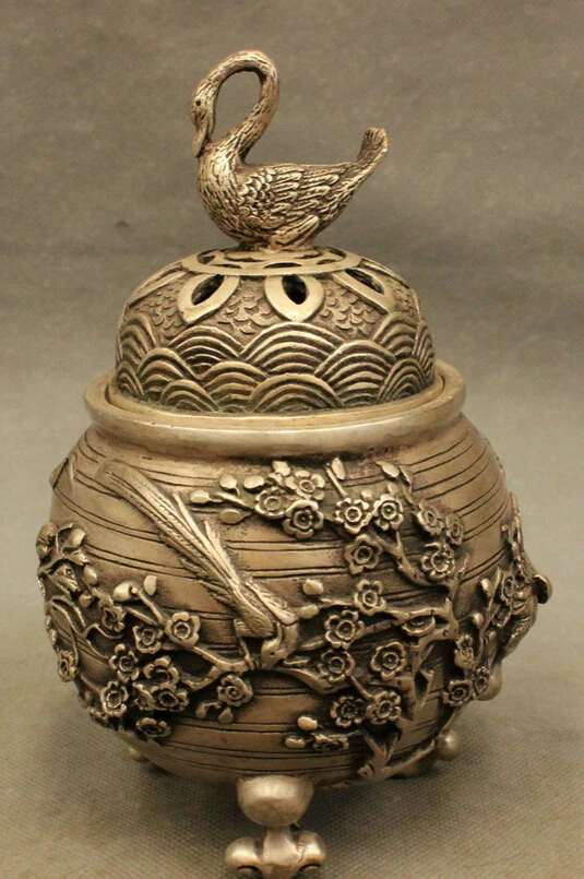 

S3104 Chinese Silver Buddhism Duck Peacock Statue Longevity Shou Gourd Incense Burner D0317