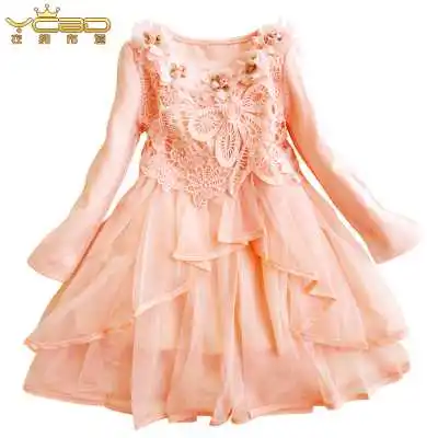 

Vestidos Infantis Fashion Summer Mesh Dance Pleated Long Sleeve Dress For Girls Summer Casual Flower Dress Free Shipping S1763