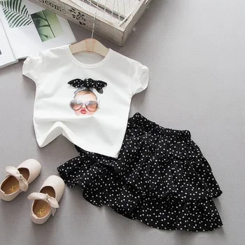 

Summer girls 2 pcs set baby tee shirt + mini skirt kids suit children clothes fashion kawaii print lacing layered dot 2 to 7 yrs