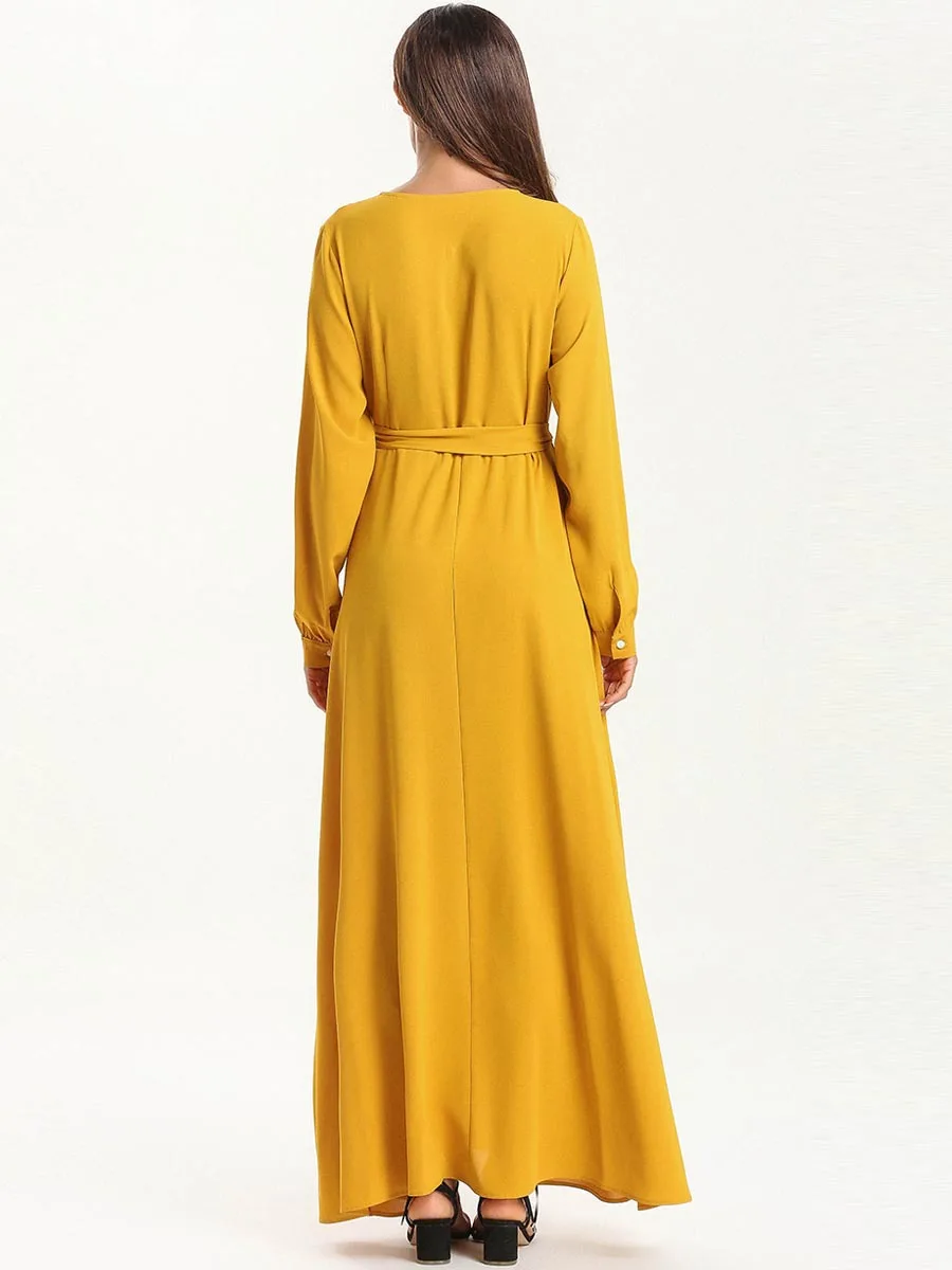 Женское мусульманское abaya желтое платье с цветочной вышивкой и длинным рукавом abaya кимоно Дубай платье в турецком стиле Исламская одежда