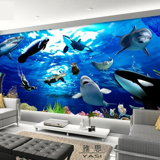 Free shipping 3D stereoscopic dolphin marine animals wallpaper bedroom