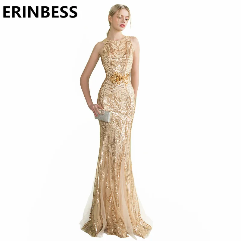 

Sexy Mermaid Gold Sequined Evening Dresses Sexy Scoop Neck Cap Sleeve Sweep Train Formal Party Gowns For Women