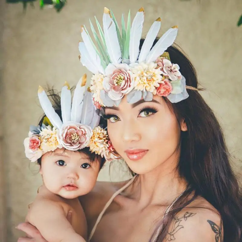 Детские повязка на голову с цветами Plume Hairband Ретро родитель-ребенок Свадьба День Рождения Вечеринка Красочные Головные уборы аксессуары 12 стиль