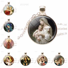 Virgin Mary and Baby Jesus Christian Catholicism Jewelry Silver Necklace Blessed Mother Religious Art Glass Dome Pendant Gift Virgin Mary and Baby Jesus Christian Catholicism Jewelry Silver Necklace Blessed Mother Religious Art Glass Dome Pendant Gift