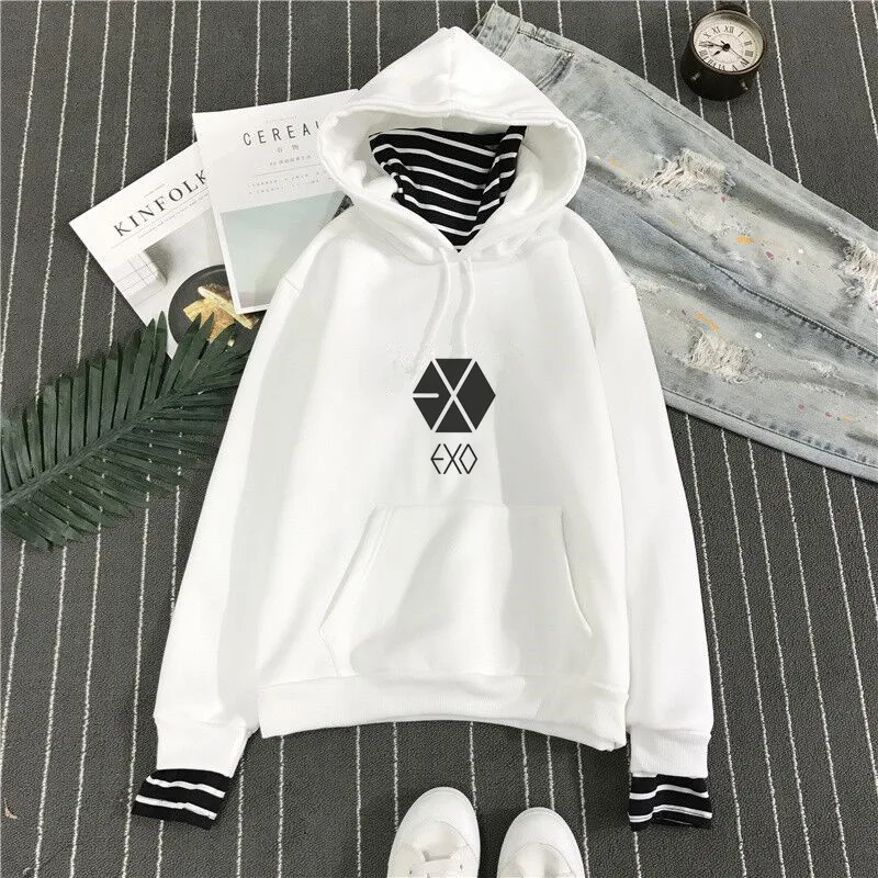Kpop exo harajuku свободный вельветовый пуловер с капюшоном и воротником в полоску