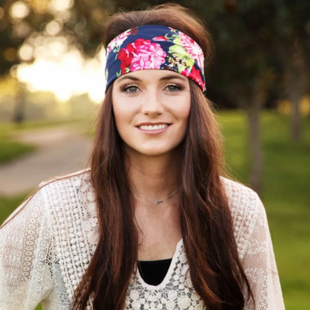 Women Print Rabbit Ear Chinese rose Headband Cotton Bow Turban Headwear