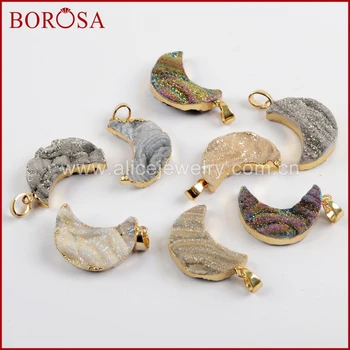 

BOROSA 10PCS Moon Rainbow Titanium Galaxy Druzy Quartz Pendant Natural Gems Stone Pendants for Jewelry Making G1611