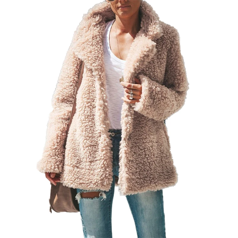 

2019 Autumn Winter Europe American Explosion Hot Plush Jacket Women Fashion Lapel Solid Color Long-sleeved Outerwear Womens Coat