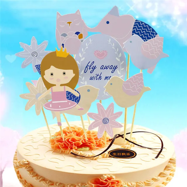 Party Cake Topper Colorful Girl Bird Elephant Unicorn Horse Clouds
