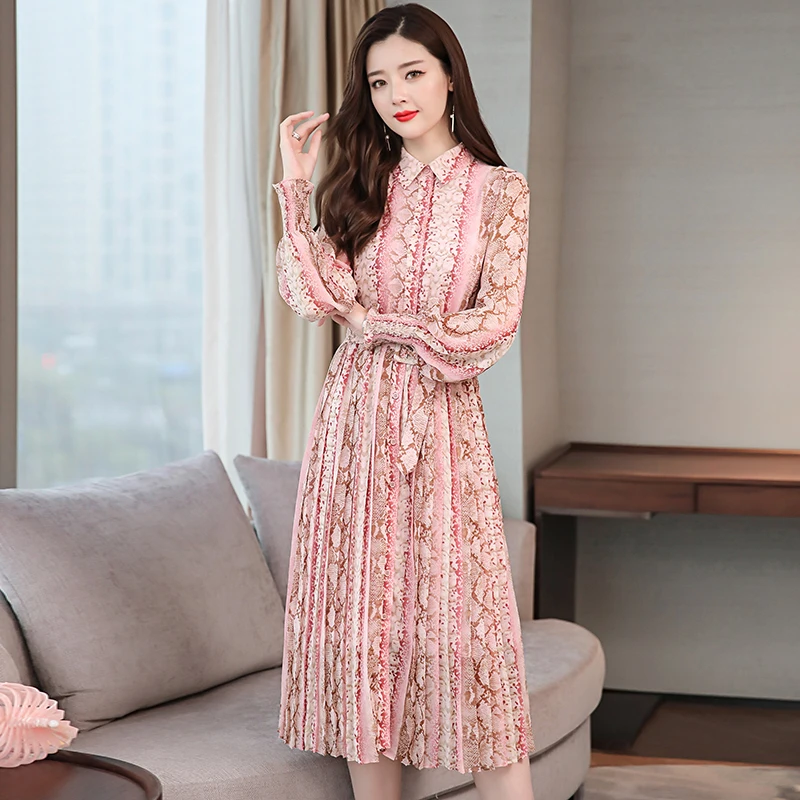

2019 Spring Long Sleeve Turn Down Collar Print Chiffon Dress Women Office Work Print Chiffon Long Sleeve Dresses
