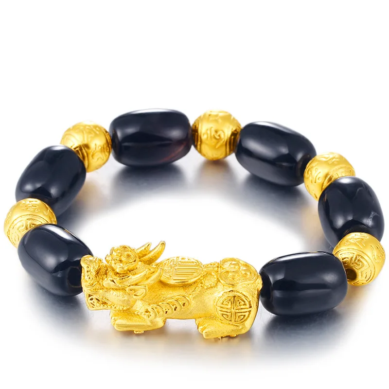 

Wholesale Black Pixiu Hand Chain Men And Women's Six-character Real Word String Men Domineering Sand Gold Hand Chain