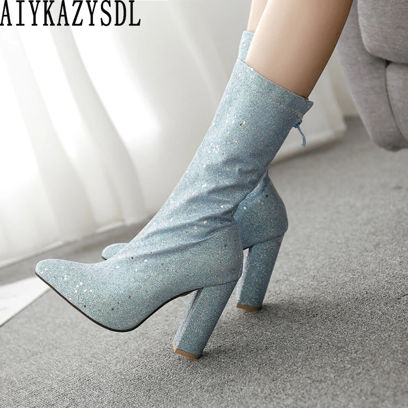 

AIYKAZYSDL 2019 Women Sequined Crystal Bling Boots Short Bootie Boo Thick Block Chunky High Heels Slouchy Dress Wedding Shoes