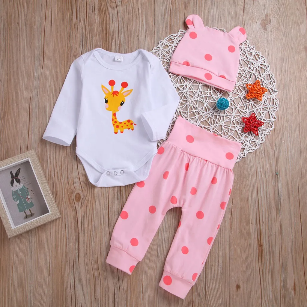 

Toddler Newborn Baby Long Sleeved Cartoon Deer Print Romper+Pants+Hat Set Outfit clothes