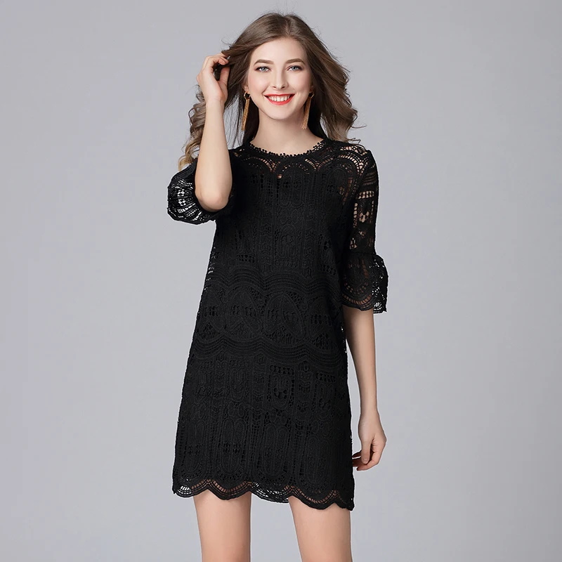 

2019 Fashion design women two pieces lace casual dresses plus size flare sleeves spring summer women hollow lace dress black