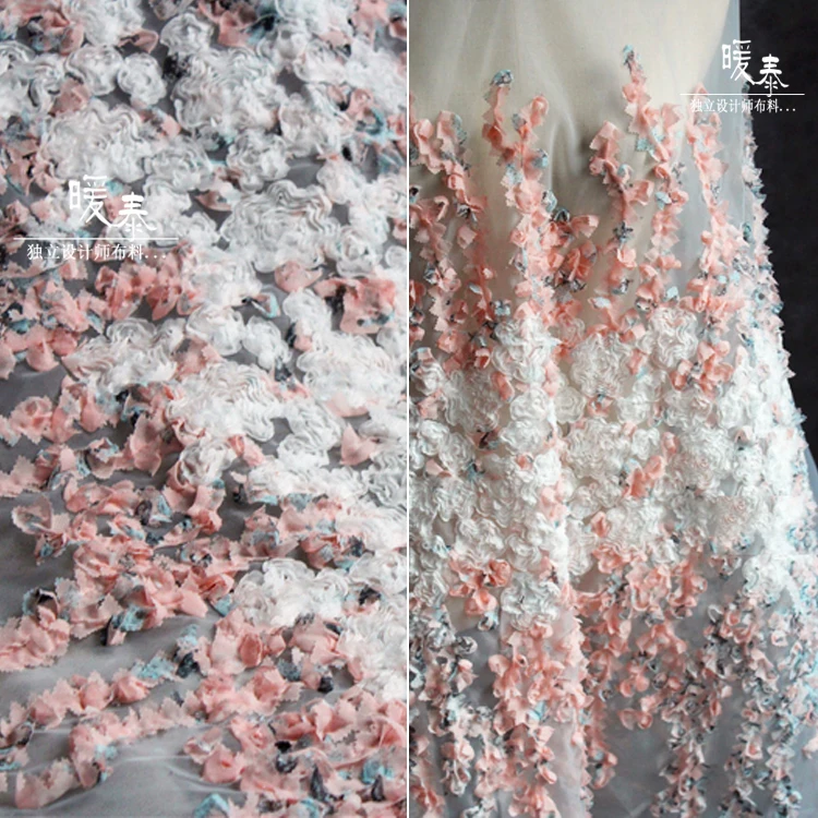 

Three-dimensional fantasy pink texture disc perspective embroidery mesh wedding dress water-soluble lace design fabric