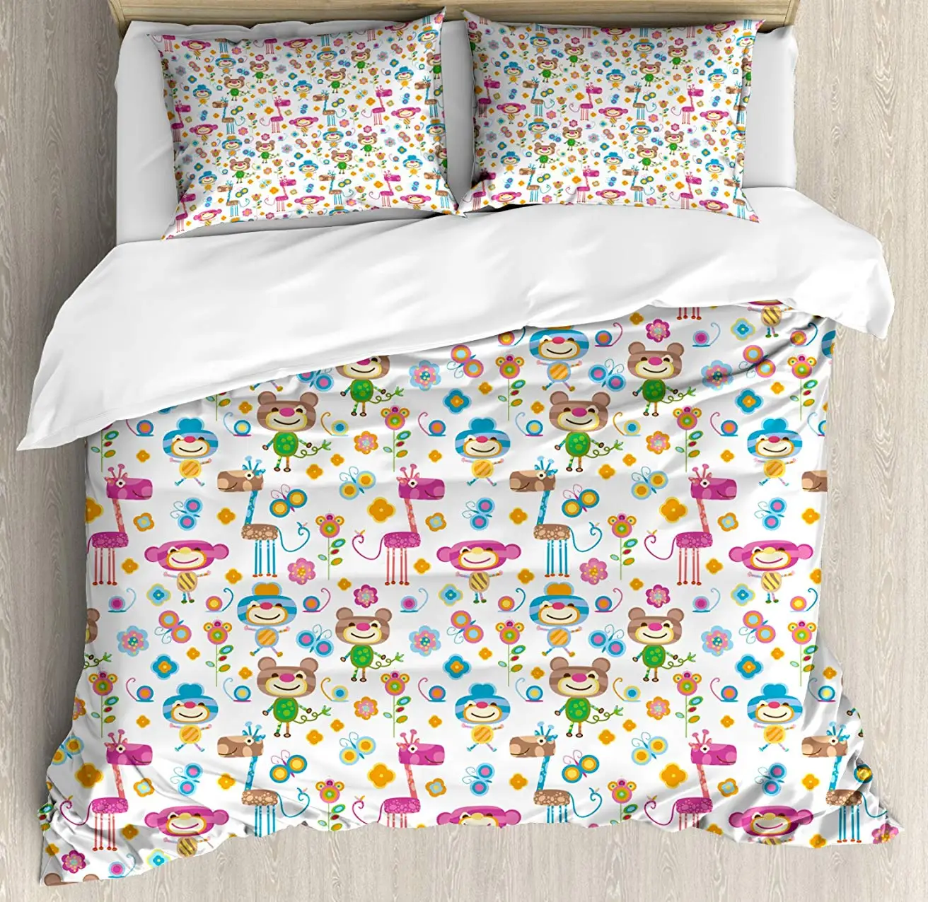 

Nursery Duvet Cover Set Cute Animals and Flowers Nature Inspired Colorful Cheering Elements Sweet Jungle 3 Piece Bedding Set