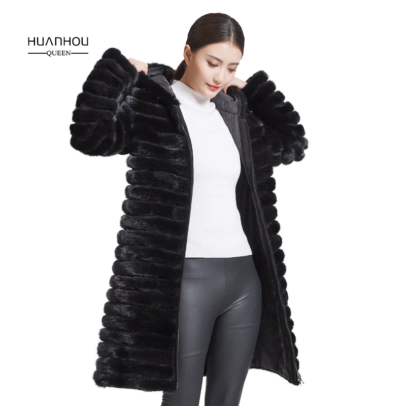 Huanhou queen 2018 real mink fur coat for women with hood,extra large plus size winter warm slim coat.