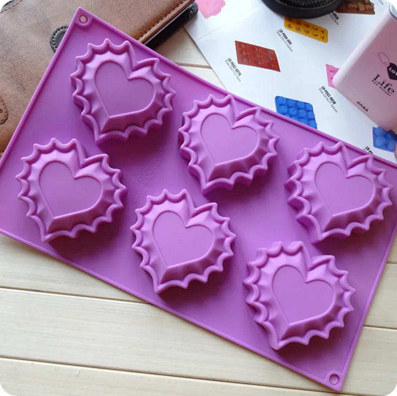 

Silicone Baking Cake Mold 6 Heart Handmade Soap Mold With Side Lace Decorating H022