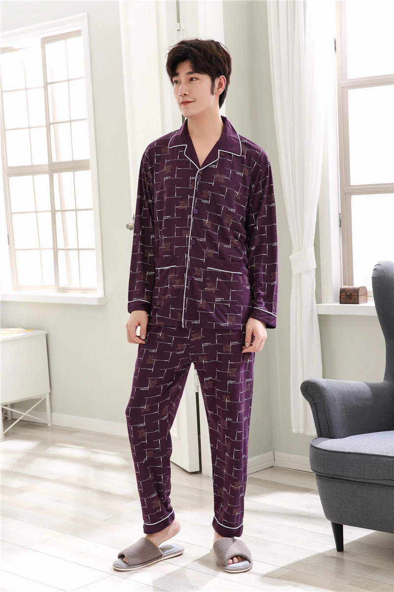 Новые осенние мужские хлопок повседневное плед горошек пижамы для девочек мужской классический с длинными рукавами и отложным воротником
