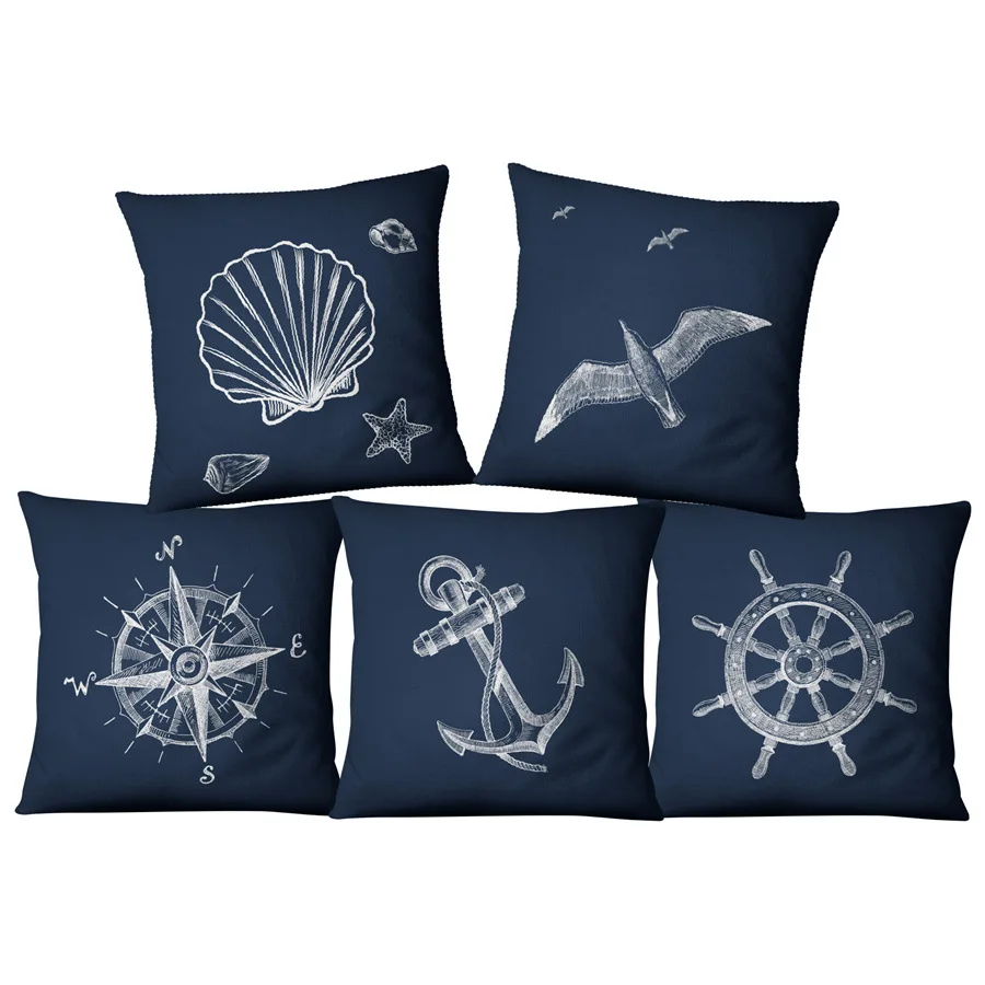

Blue compass nautical American marine style linen hug pillowcase home fabric sofa hotel decorative cushion cover