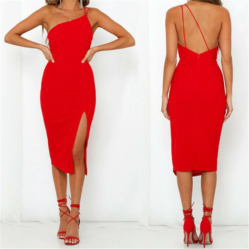 

Ladies Women Split bandage Bodycon Dress 2019 Summer Sexy Spaghetti Strap Evening Party Beach Dresses Solid Color Black Red