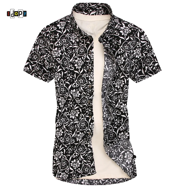 Idopy Для мужчин рубашка Фирменная Новинка летние цветочные Slim Fit короткий рукав Цветочный принт Camisa Masculina плюс Размеры Для мужчин одежда M-5XL