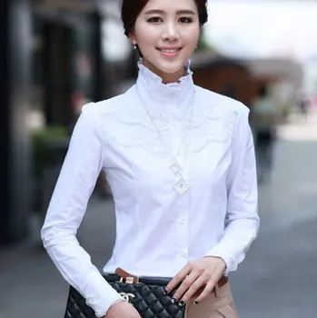 

Stand Collar Shirt Women Spring Autumn Long Sleeve Elegant Work Wear Tops Korean Fashion Blusa White Formal Lace Blouse Shirt
