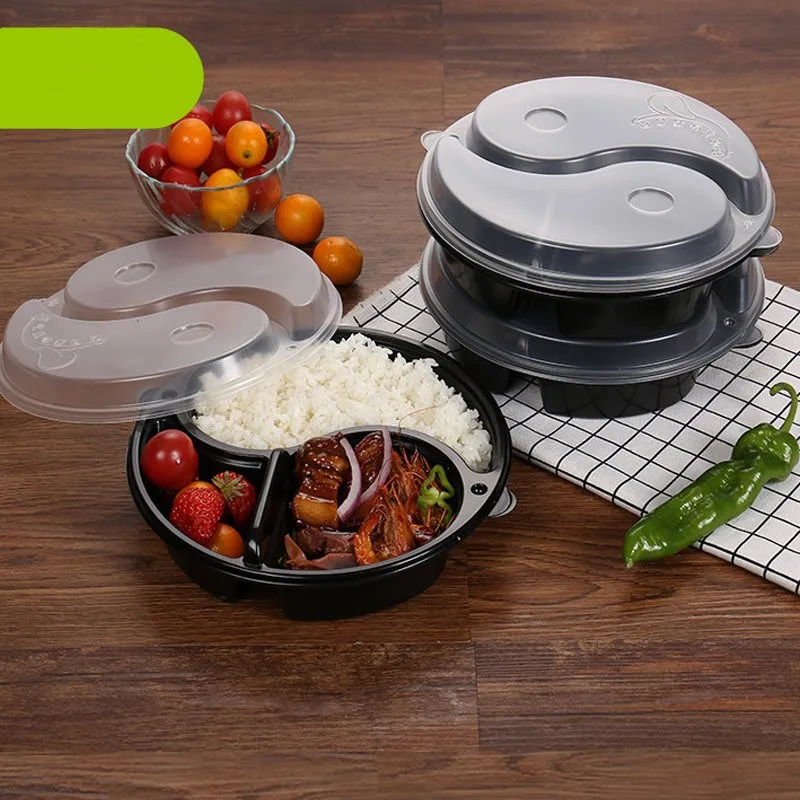 

KCASA 1PC Round 3 Compartment Disposable Lunch Box Microwavable Dinning Food Container Lunch Boxes Tableware Dinnerware Hot Sale
