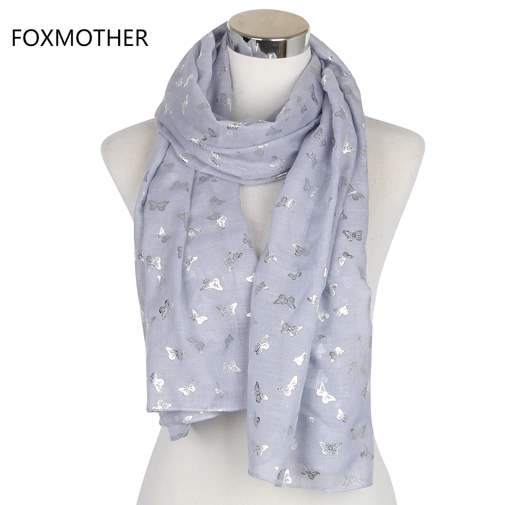 FOXMOTHER женский модный белый фиолетовый темно-синий металлическая Золотая фольга Бабочка Длинный шарф Женская шаль бабочка шарфы