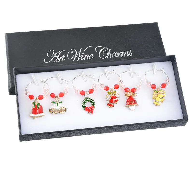 

1Set/6PCs Red Enamel Charms Set Christmas Series Wine Set With Box For Christmas Table Decor Mixed New Year Gift